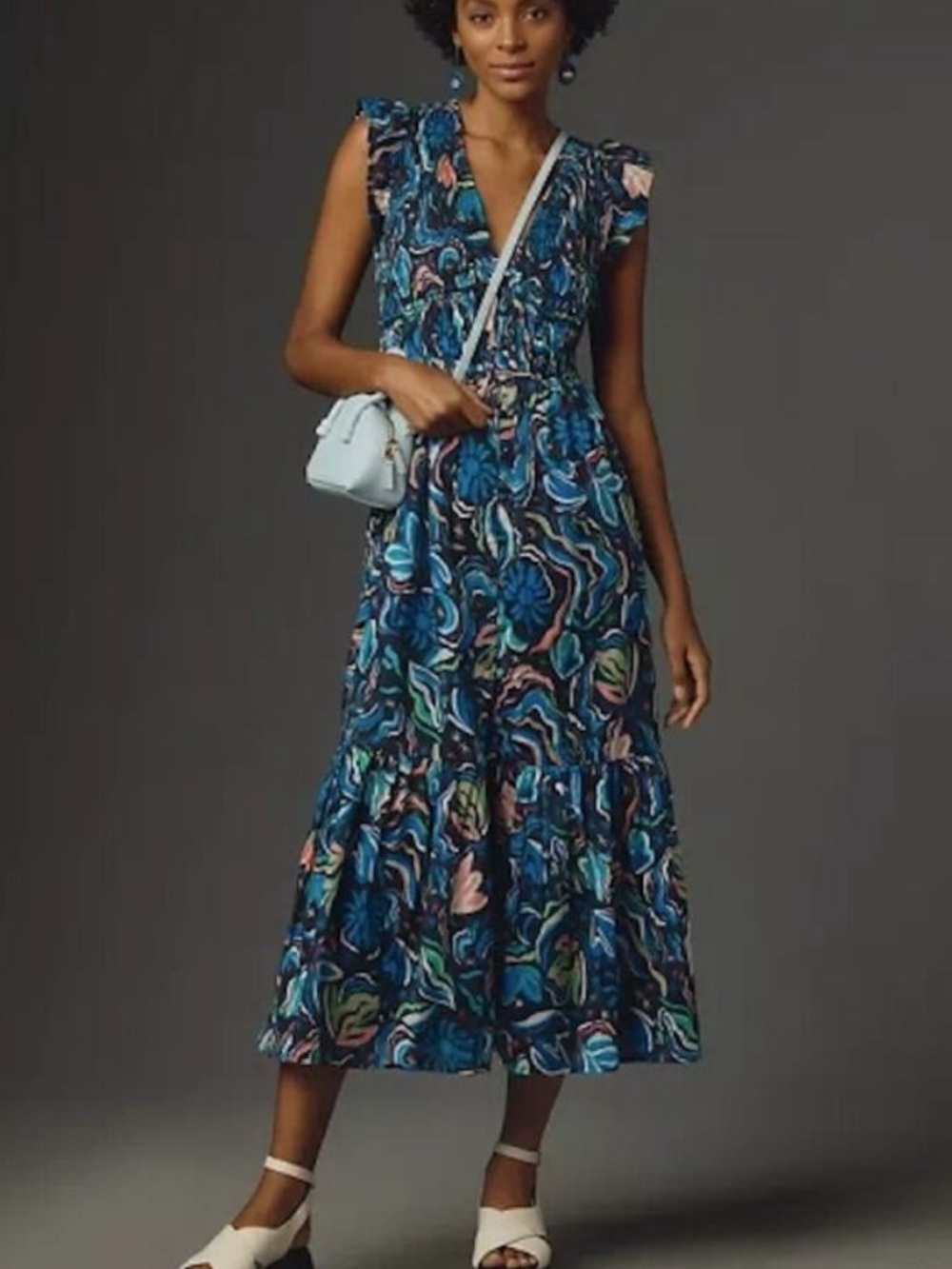 Anthropologie Peregrine Midi Dress Blue Printed Floral